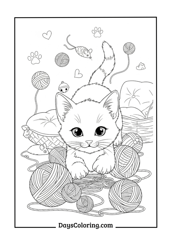 Playful Kitten with Yarn Balls