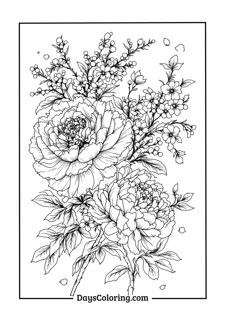 Vintage Peony and Cherry Blossom Branch