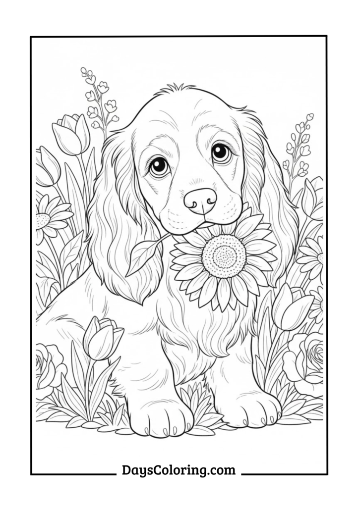 Cocker Spaniel Puppy with Flowers