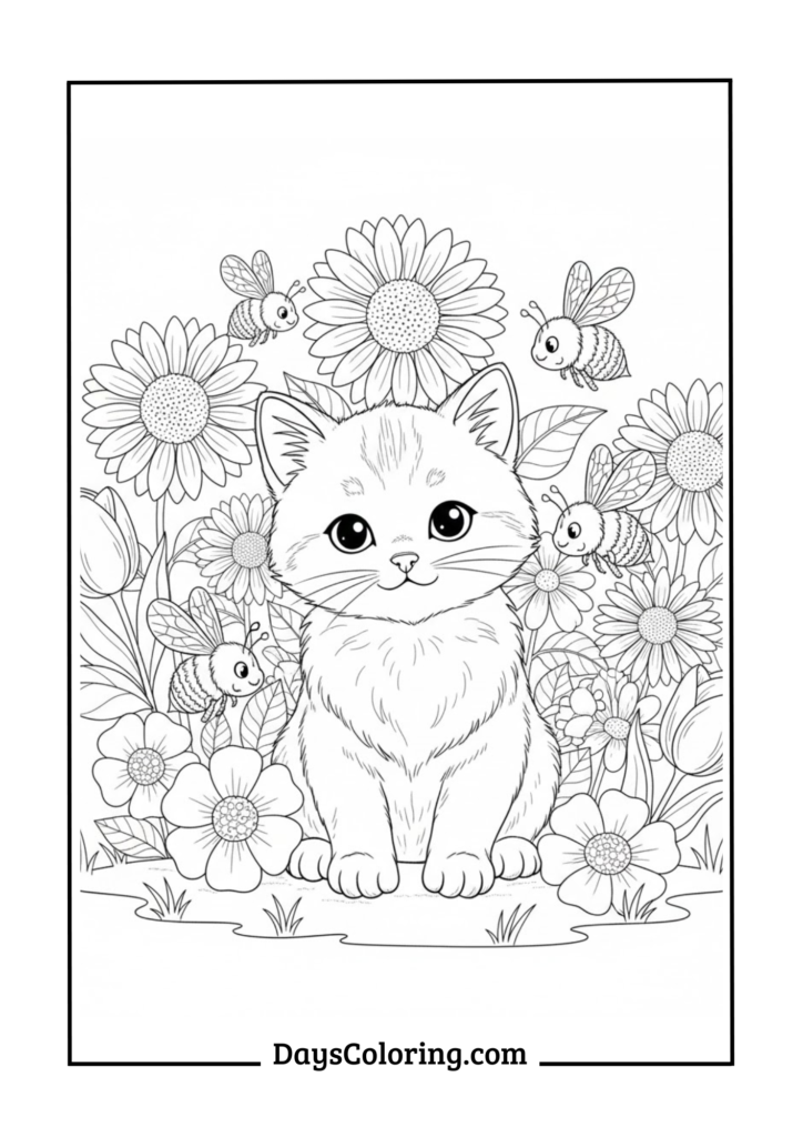 Kitten in Garden with Bees