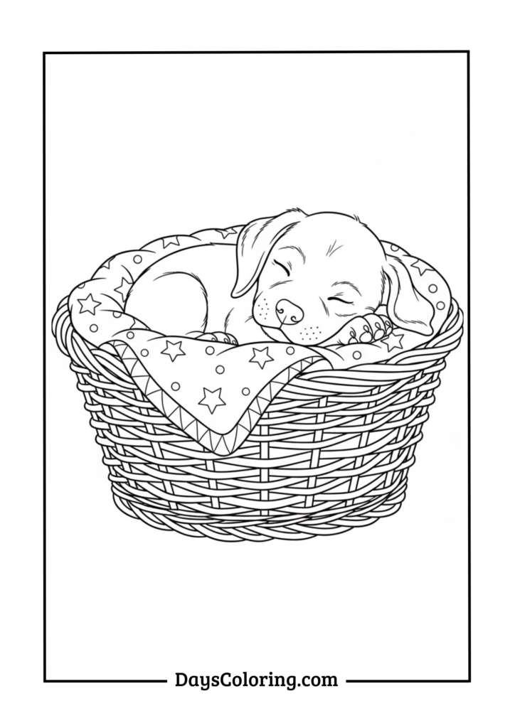 Sleeping Puppy in Basket