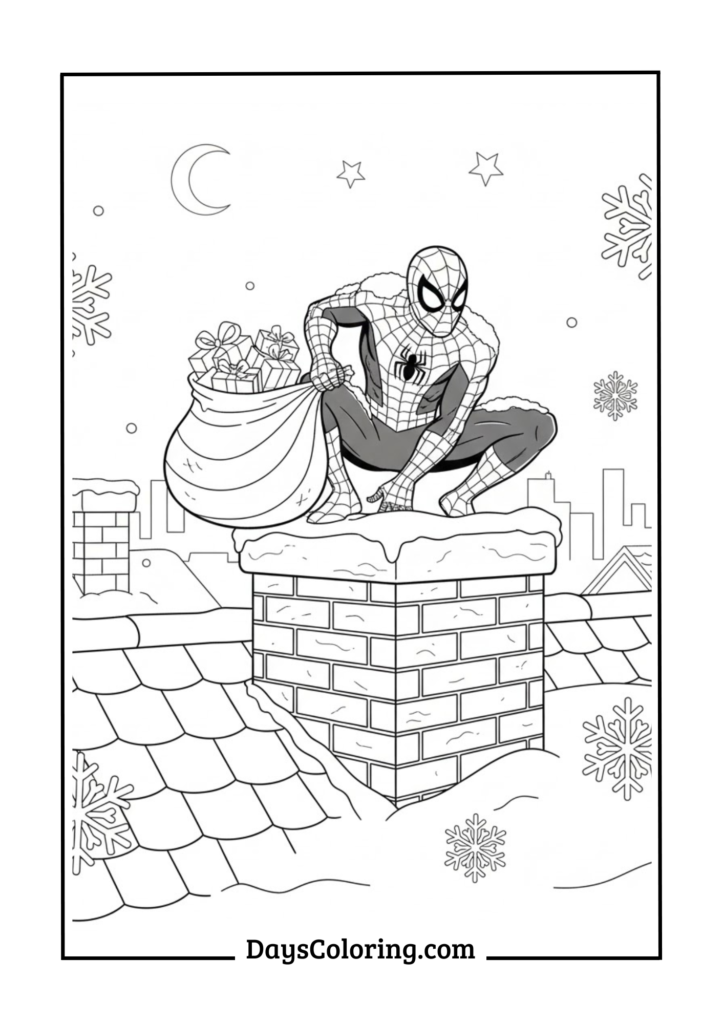 Spiderman Delivering Presents Down Chimney
