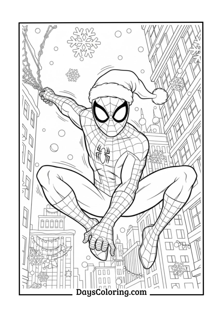 Spiderman in Santa Hat Swinging Through Snow