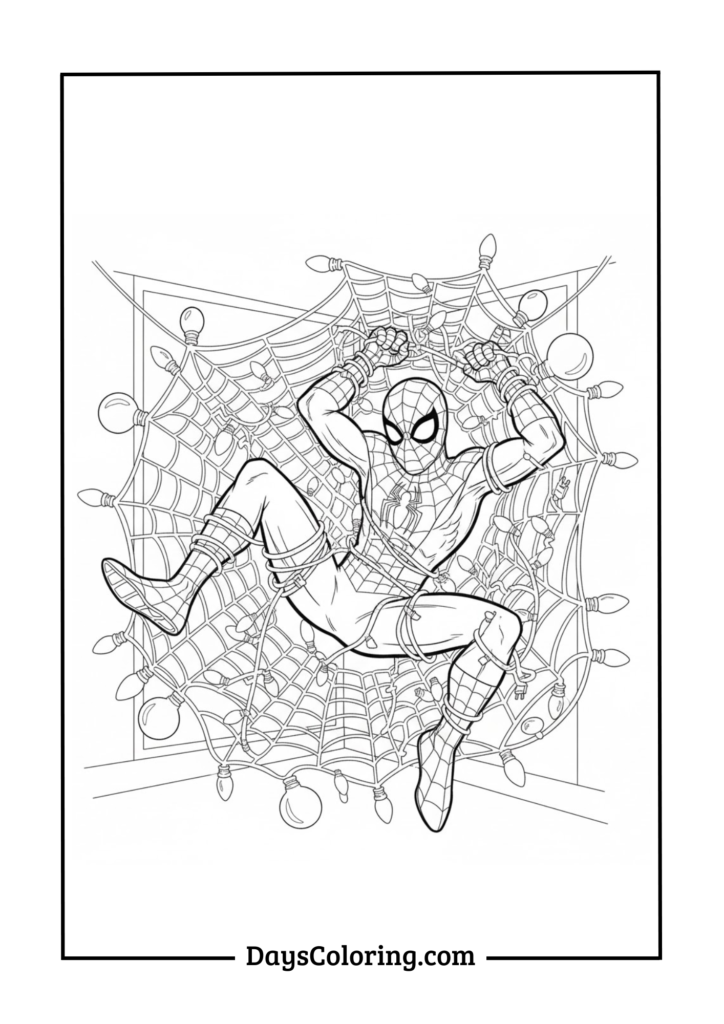 Spiderman with Christmas Lights Tangled in Webs